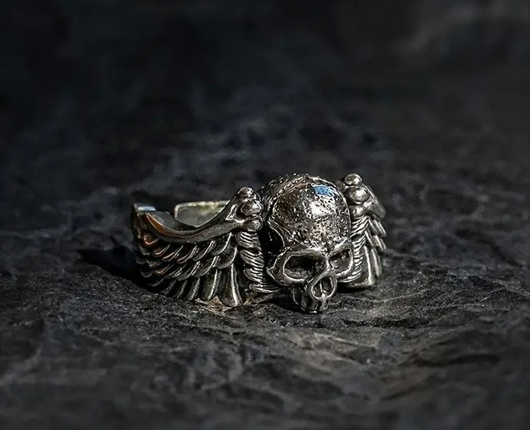 Trendy Retro Distressed Punk Wing Skull Design Alloy Open Ring